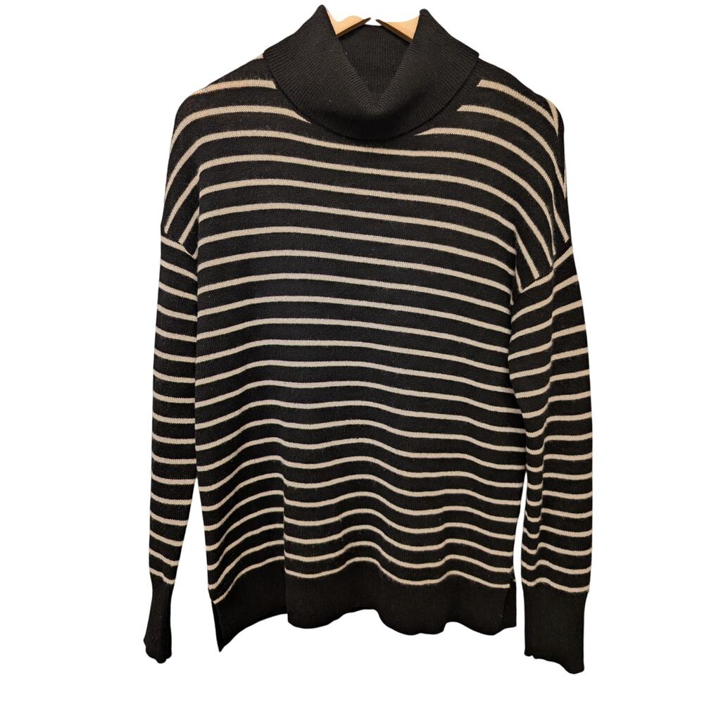 Halogen Striped Cashmere Turtleneck Pullover Sweater Black White Dark Academia